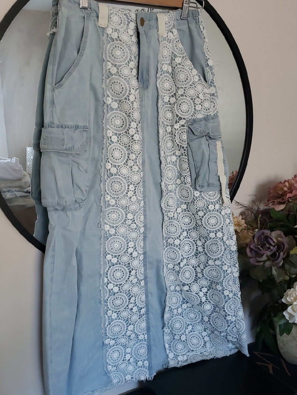 PoL Light Blue Maxi Skirt with White Crochet Panels